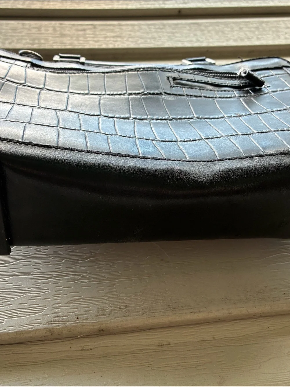 Black Structured Croc-Embossed Men’s Briefcase with Heart Accent